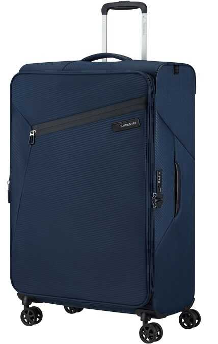 Samsonite-Litebeam-77-6 (1) מזוודה כחולה גדולה עם מרקם פסים עדין, תכולה וידית מתכת כסופה בולטת, כולל כיס חיצוני אלכסוני עם רוכסן ומנעול צדדי, עם ארבעה גלגלים שחורים, ממותגת עם תג בשחור.