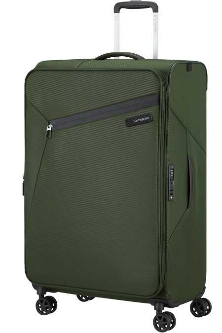 Samsonite-Litebeam-77-9 מזוודה ירוקה כהה עם דפוס ריבועים עדין, ידית תליה מתכתית, תא קדמי עם רוכסן אלכסוני וארבעה גלגלים שחורים.
