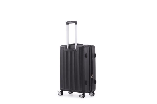 A black hard-shell suitcase with a ribbed texture, featuring an extended telescopic handle and four spinner wheels, displayed against a white background.