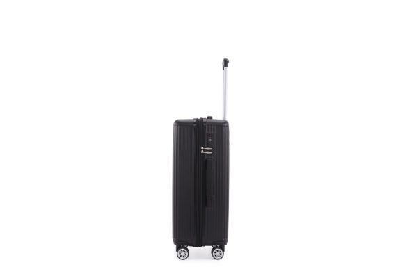A black hard-shell suitcase with a telescopic handle extended, viewed from the side, on four swivel wheels against a white background.
