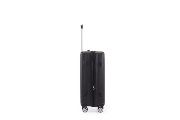 Black hard-shell suitcase with an extended handle and four wheels, shown from the side on a plain white background.
