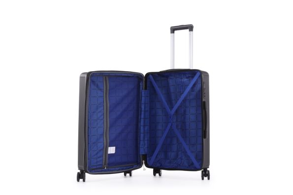 Open black hard-shell suitcase with a blue quilted interior, featuring a zippered divider and elastic cross straps, resting on four wheels.